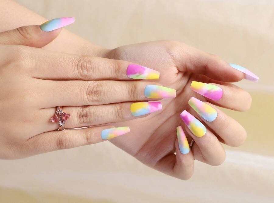 Press On Nails Luna Neon- Mulicolor Plaknagels Trendy Square Geel Roze Groen Blauw Plaknagels met lijm Kunstnagels Nepnagels Xpressnails.nl