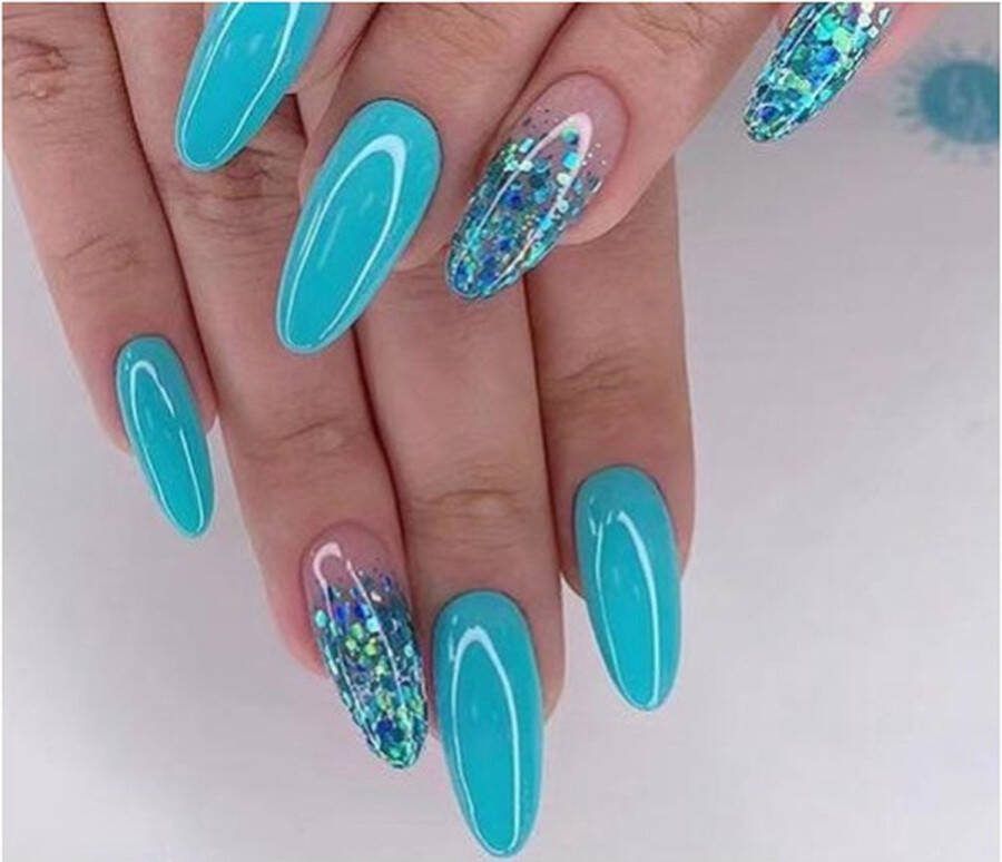 Press On Nails Nep Nagels Blauw Glitter Almond Manicure Plak Nagels Kunstnagels Nailart Zelfklevend 14B
