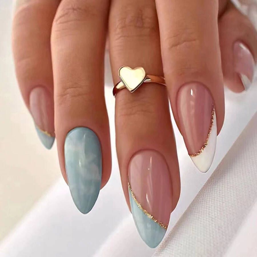 Press On Nails Nep Nagels Blauw Roze Almond Manicure Plak Nagels Kunstnagels nailart Zelfklevend