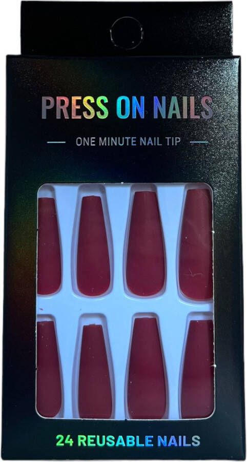 Press On Nails Nep Nagels – Bordeaux Rood Matte Coffin Manicure Plak Nagels Kunstnagels nailart – Zelfklevend