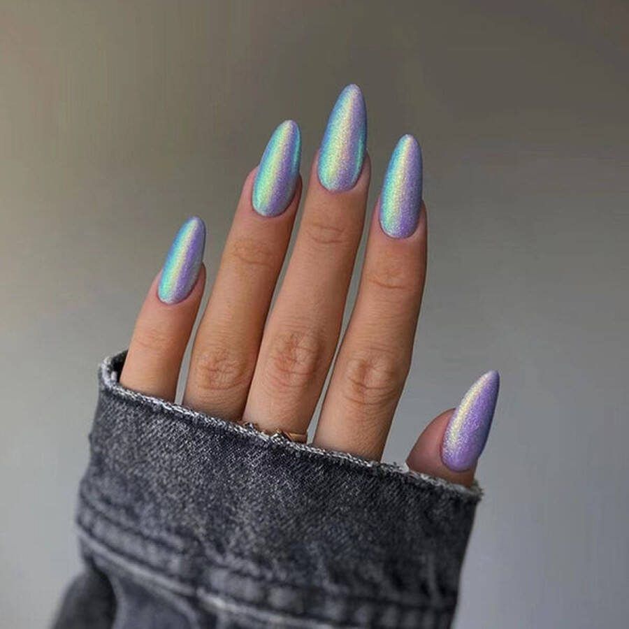 Press On Nails Nep Nagels Foto Effect Holographic Silver Almond Manicure Plak Nagels Zilver Kunstnagels Nailart Zelfklevend 15S