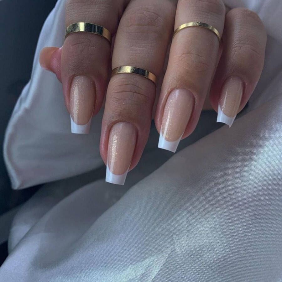 Press On Nails Nep Nagels French Naturel Nude Glitter Coffin Manicure Plak Nagels Kunstnagels nailart Zelfklevend 23