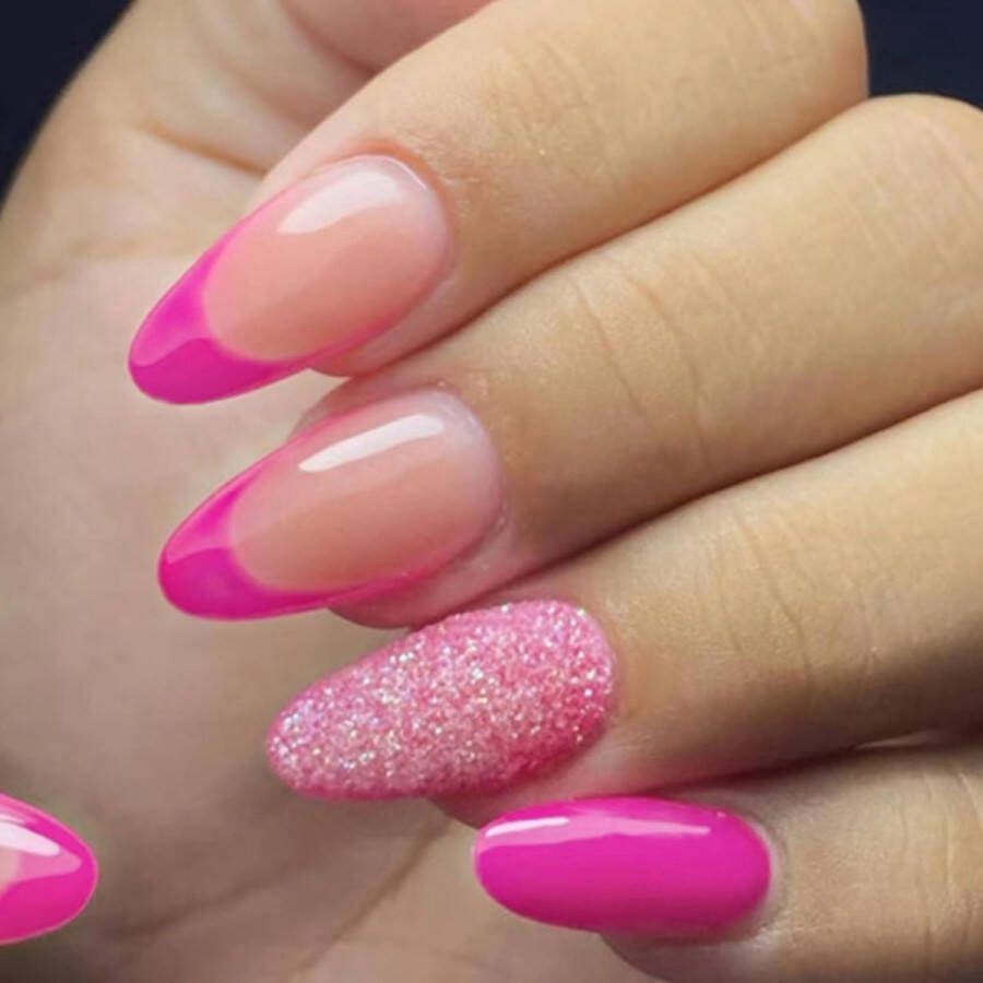 Press On Nails Nep Nagels French Tip Roze Glitter Almond Manicure Plak Nagels Kunstnagels Nailart Zelfklevend 12