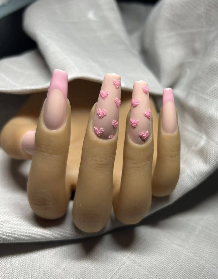 Press On Nails Nep Nagels Hart Liefde Roze Glitter French Manicure Coffin Lang Plak Nagels Kunstnagels Herbruikbaar