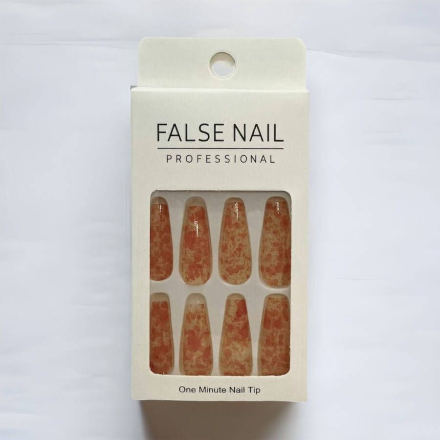 Press On Nails Nep Nagels Marble Oranje Geel Coffin Manicure Plak Nagels Kunstnagels nailart Zelfklevend