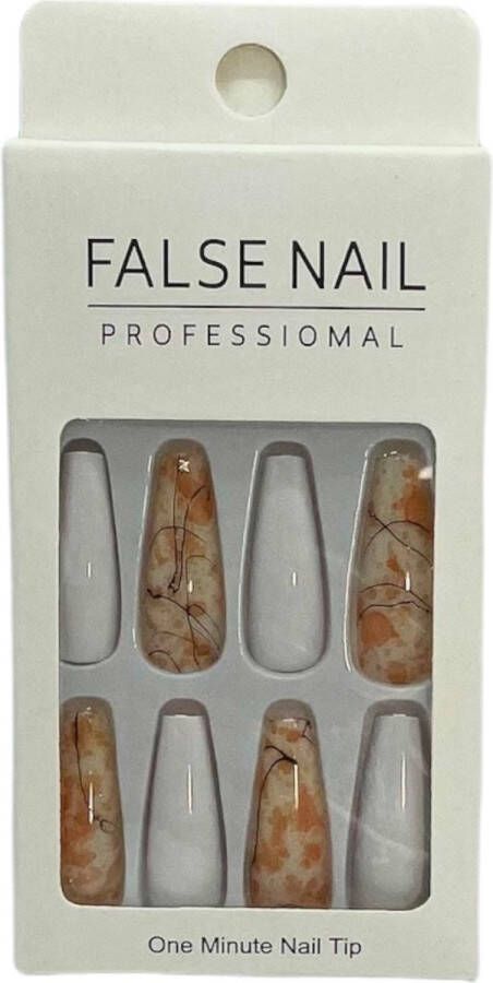 Press On Nails Nep Nagels Marble Wit Oranje Coffin Manicure Plak Nagels Kunstnagels nailart Zelfklevend 3