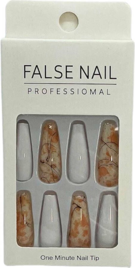 Press On Nails Nep Nagels Marble Wit Oranje Coffin Manicure Plak Nagels Kunstnagels nailart Zelfklevend
