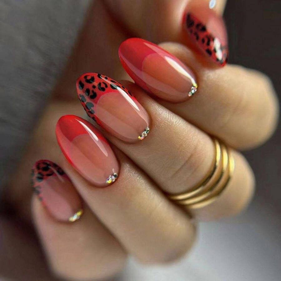 Press On Nails Nep Nagels Rood Panter Almond Manicure Plak Nagels Kunstnagels Nailart Zelfklevend 7R