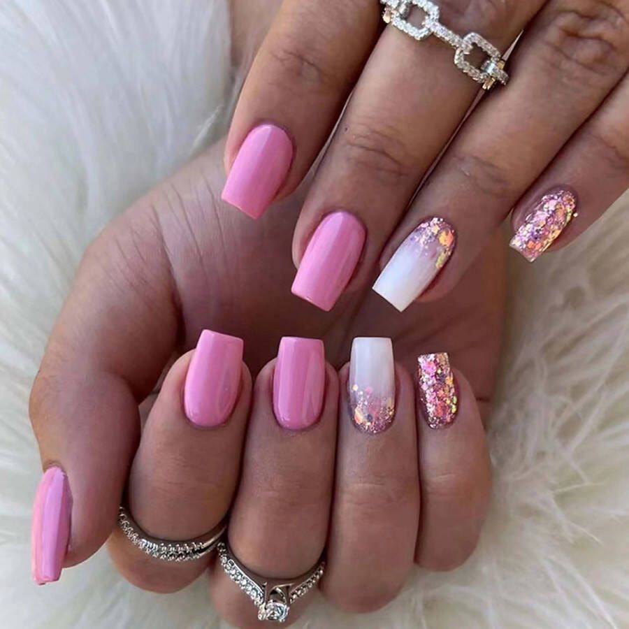 Press On Nails Nep Nagels Roze Glitter Squared Oval Manicure Plak Nagels Kunstnagels nailart – Zelfklevend