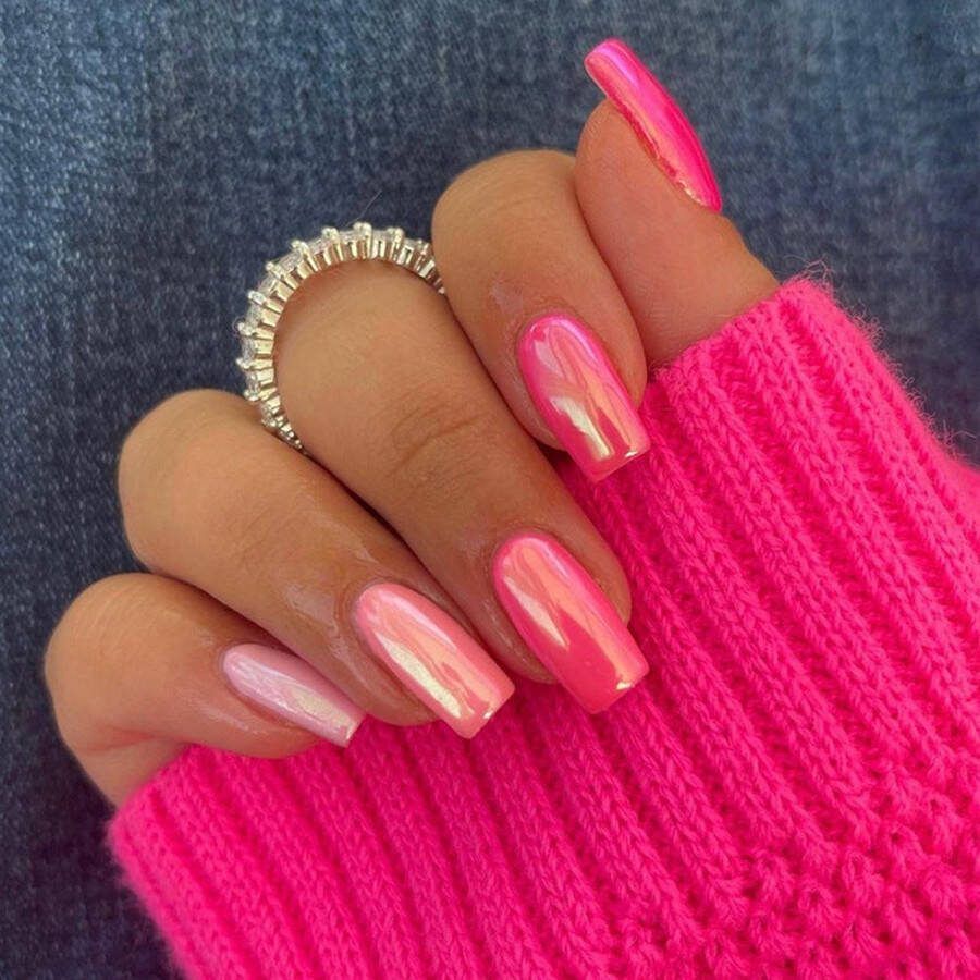 Press On Nails Nep Nagels Roze Glossy Squared Oval Manicure Plak Nagels Kunstnagels Nailart Zelfklevend 11