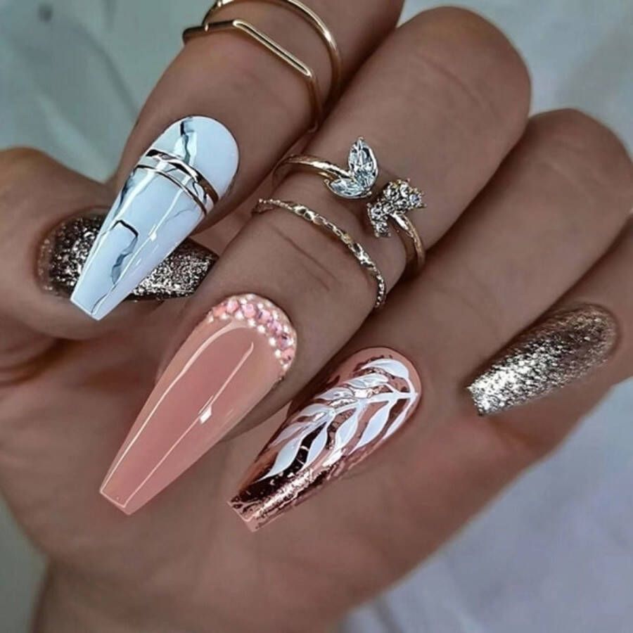 Press On Nails Nep Nagels Roze Goud Marble Wit Coffin Manicure Plak Nagels Kunstnagels Nailart Zelfklevend 34