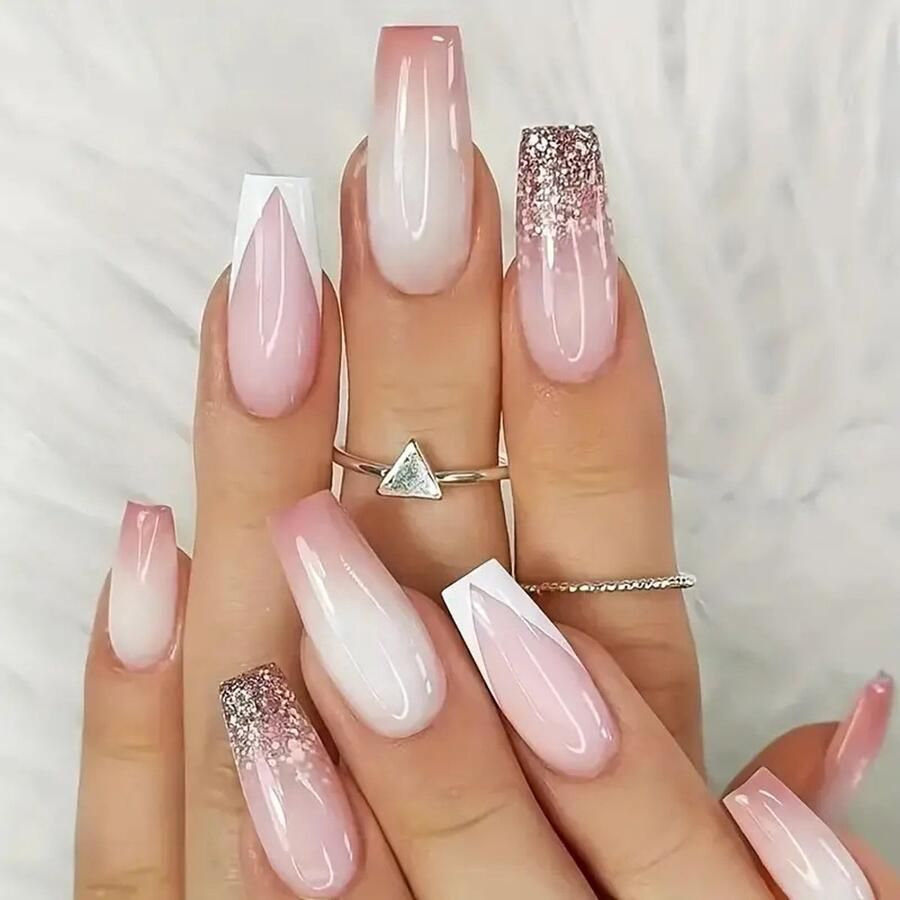 Press On Nails Nep Nagels Roze Naturel Goud Glitter Marble Coffin Manicure Plak Nagels Zilver Kunstnagels Nailart Zelfklevend 25