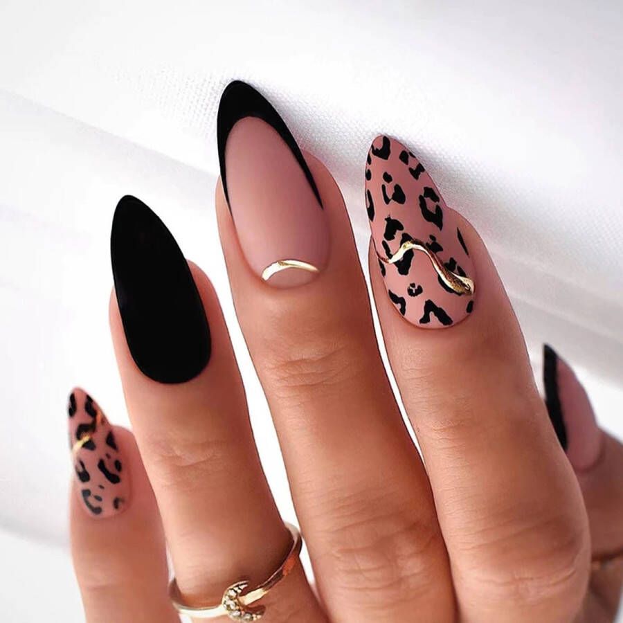 Press On Nails Nep Nagels Roze Zwart Almond Manicure Plak Nagels Kunstnagels nailart Zelfklevend