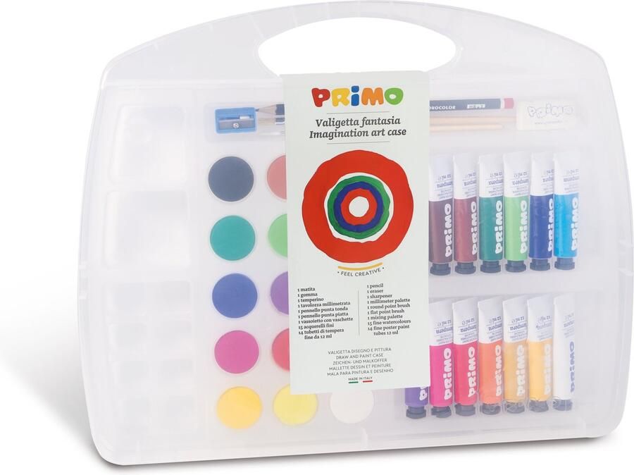 Primo Fantasia: etui met 14 plakkaatverf tubes 12 ml en 15 aquarelverf diametre 30 mm 1 penseel 1 HB potloden 1 gum 1 puntenslijper 1 mengpalet
