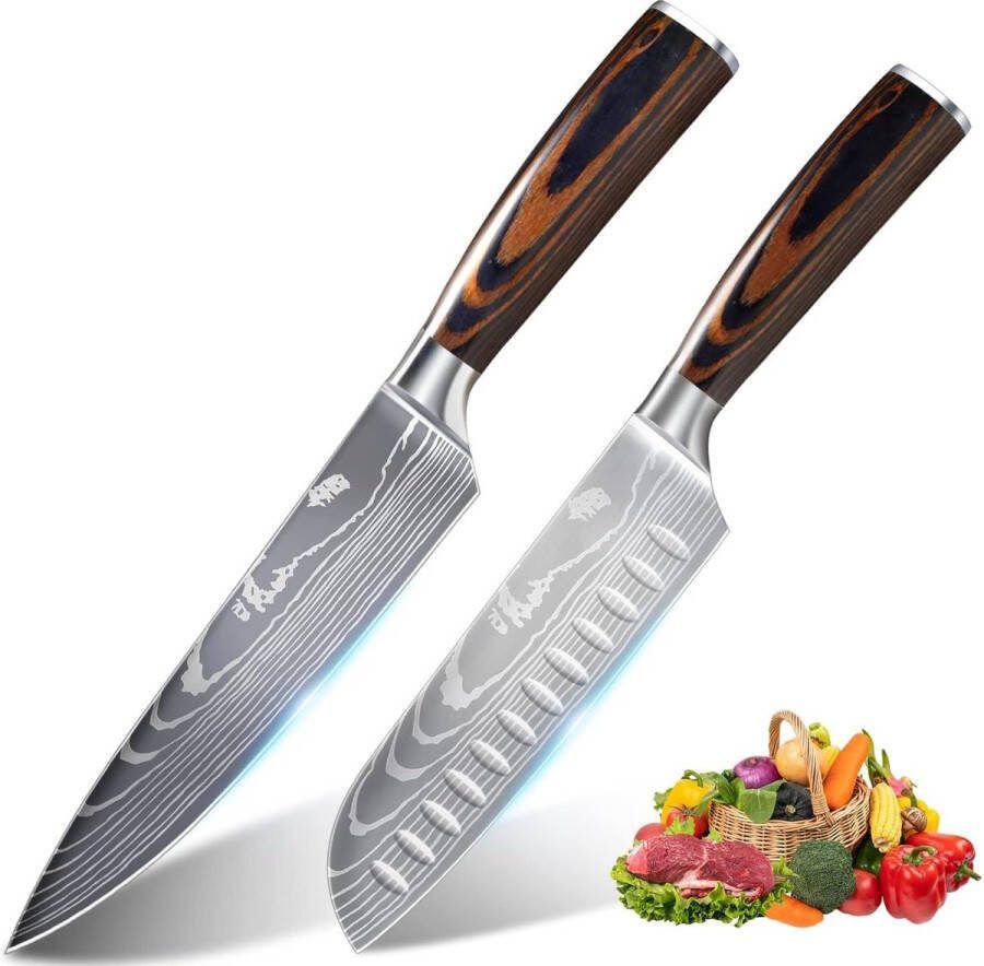 Professioneel koksmes keukenmes 20 cm + Santoku mes 17 cm universeel mes van hoogwaardig carbon roestvrij staal extra scherp lemmet met ergonomische handgreep
