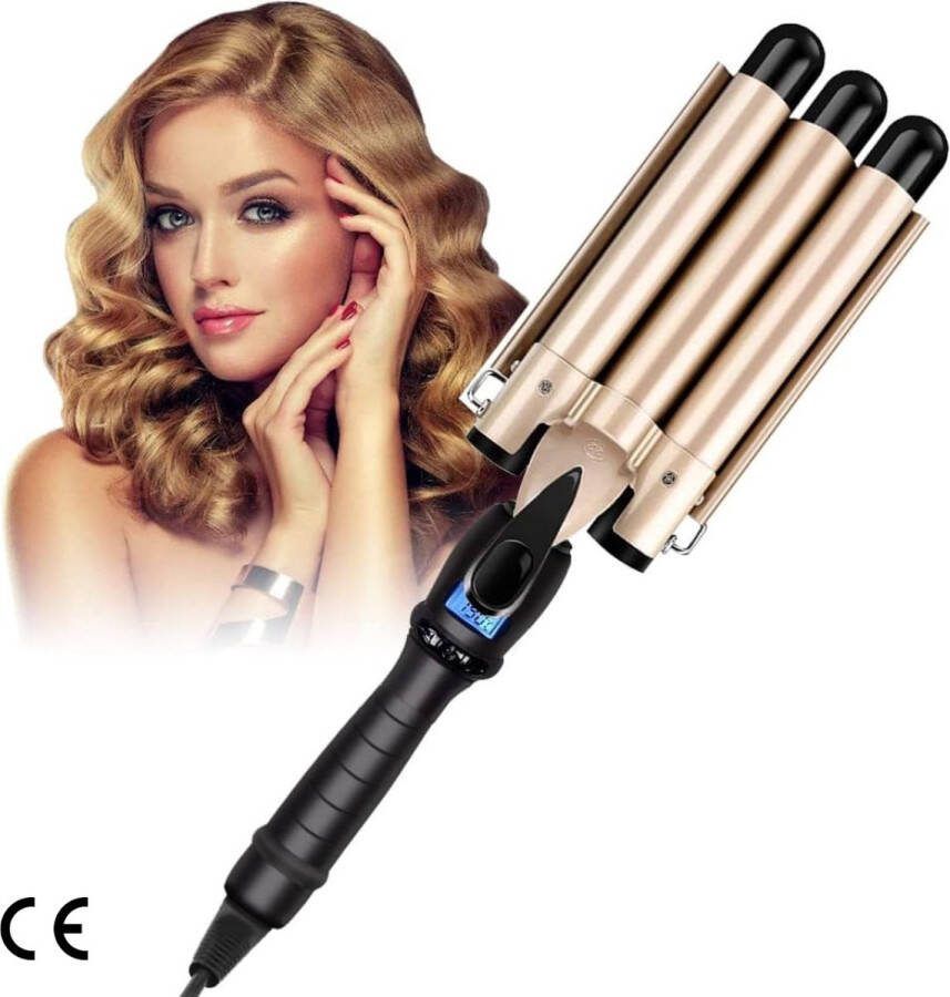Professionele 22 mm 3 Barrel Waver Krultang Instelbare Temperatuur (80-210 °C) LCD-display Toermalijn Keramiek Bubble Styling Tool voor Lang of Kort Haar (Goud)