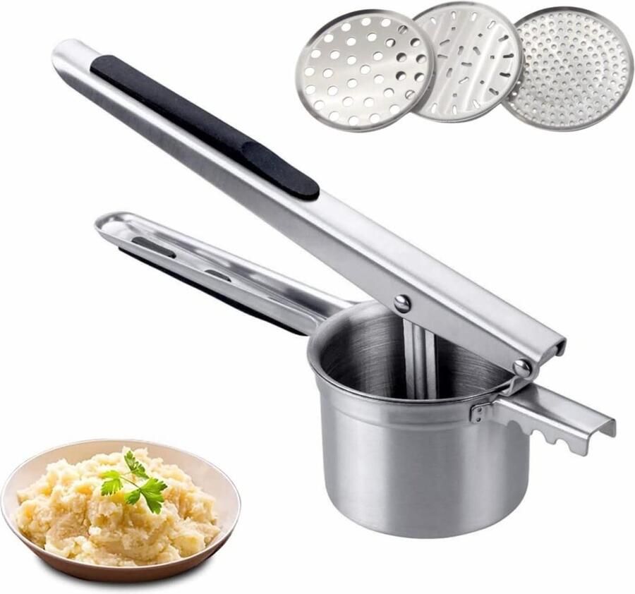 Professionele Aardappelpers van Roestvrij Staal 3 Schijven met Gaten Aardappelknijper voor Aardappelpuree Fruitsappen Groentepap Puree