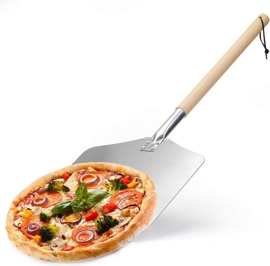 Professionele aluminium pizzaschep van aluminium en beukenhout pizzaschuiver afneembare stabiele lange houten handgreep voor pizza brood grillen en meer