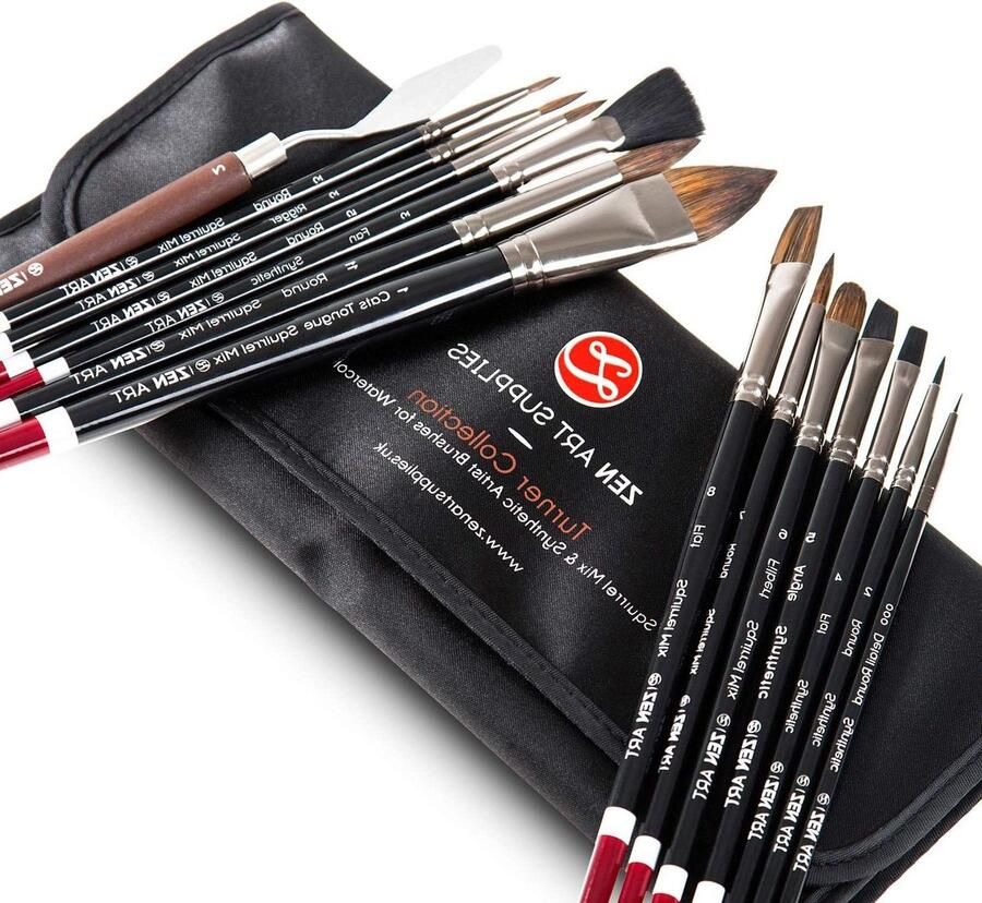 Professionele Aquarel Penselen Set 14 Stuks Berk Eekhoorn en Synthetische Haren Paletmes Plat Rond Filbert Fan Sleper Kattentong Detail Satijnen Reistas
