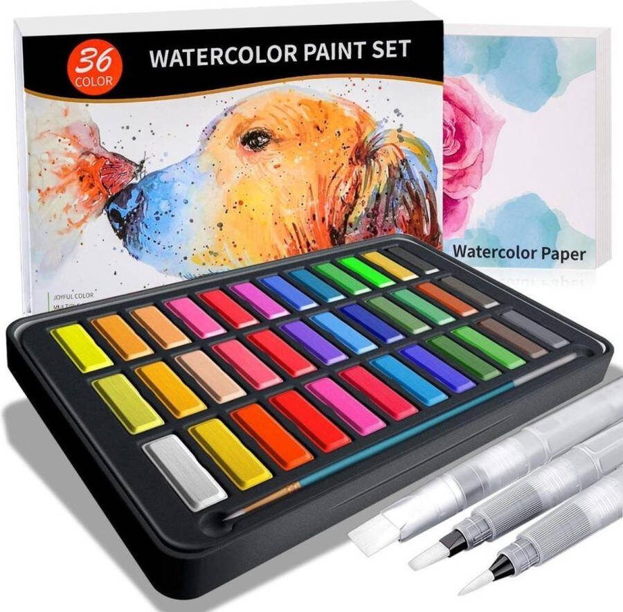 WVspecials Professionele Aquarelverf set met 36 kleuren Aquarelverf Set Aquarelverf voor volwassen Penseelstiften Aquarelverf set Hobby Verf Waterverf Inclusief 3 Water Brush Pennen en Aquarelpapier