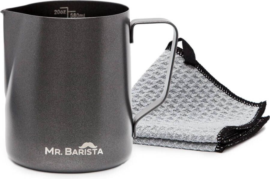 Professionele Barista melkkannetje van roestvrij staal met Teflon coating Latte Art schenktuit vaatwasmachinebestendig inclusief barista-doek (600 ml)