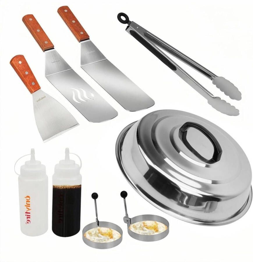 Professionele BBQ Bakplaat Spatel Gereedschapsset Geweldig voor Grillen Kamperen met 12 Inch Melting Dome 9 stuks
