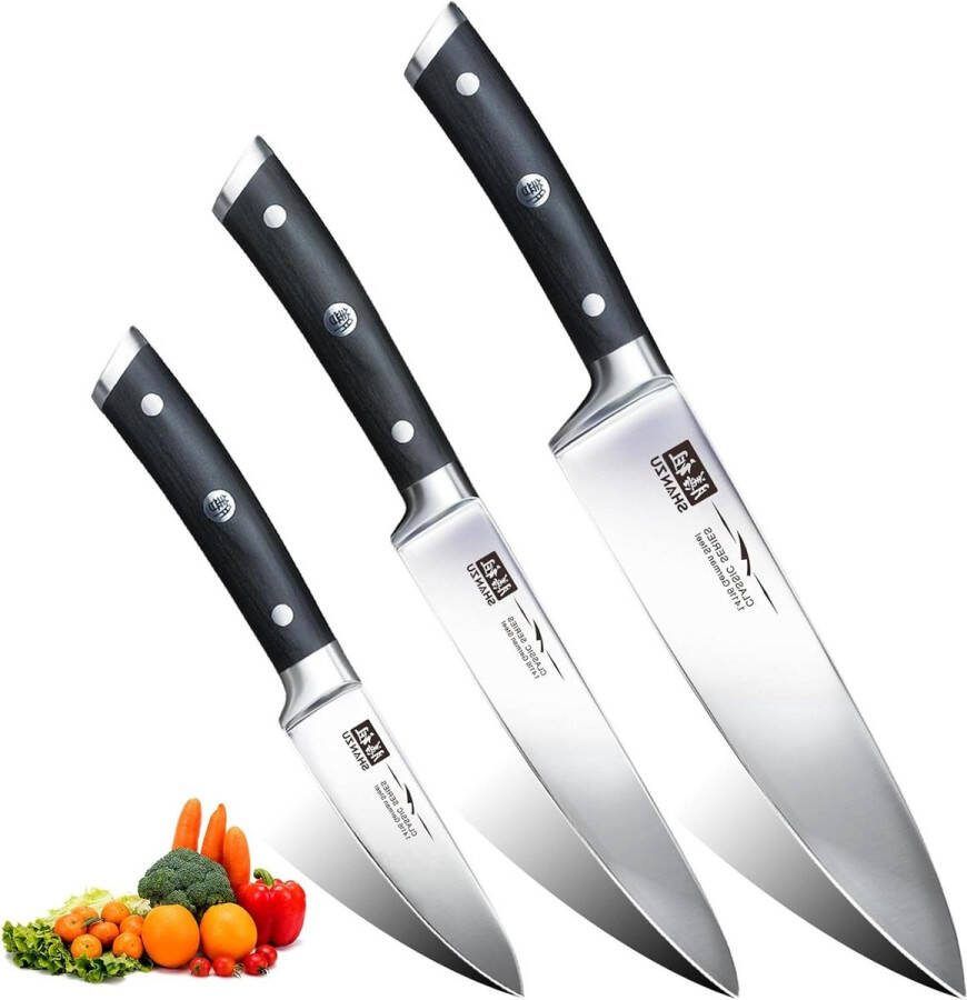 Professionele Chef-Koksmessen Set Koksmes 20cm Keukenmes 15cm Schilmes 9.5cm Duits Roestvrij Staal Extra Scherp