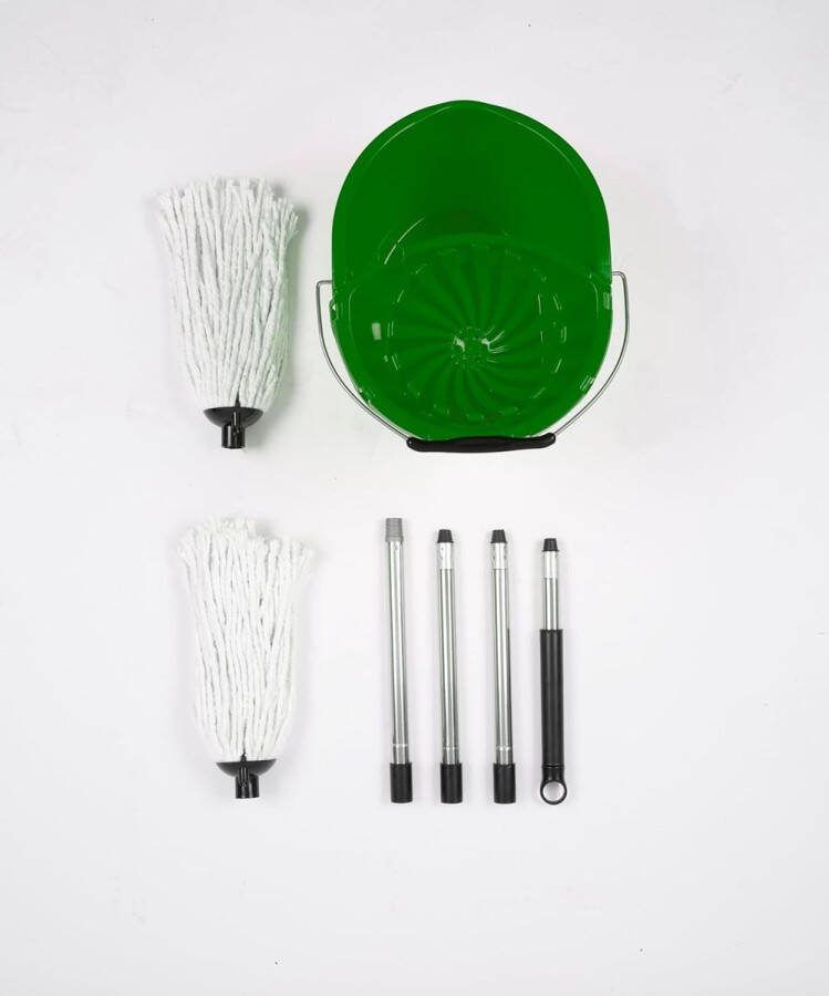 Professionele dweil- en emmerset heavy duty met wringer en twee traditionele katoenen dweilkoppen voor vloerreiniging 16 liter dweilemmer met giethulp (groen)