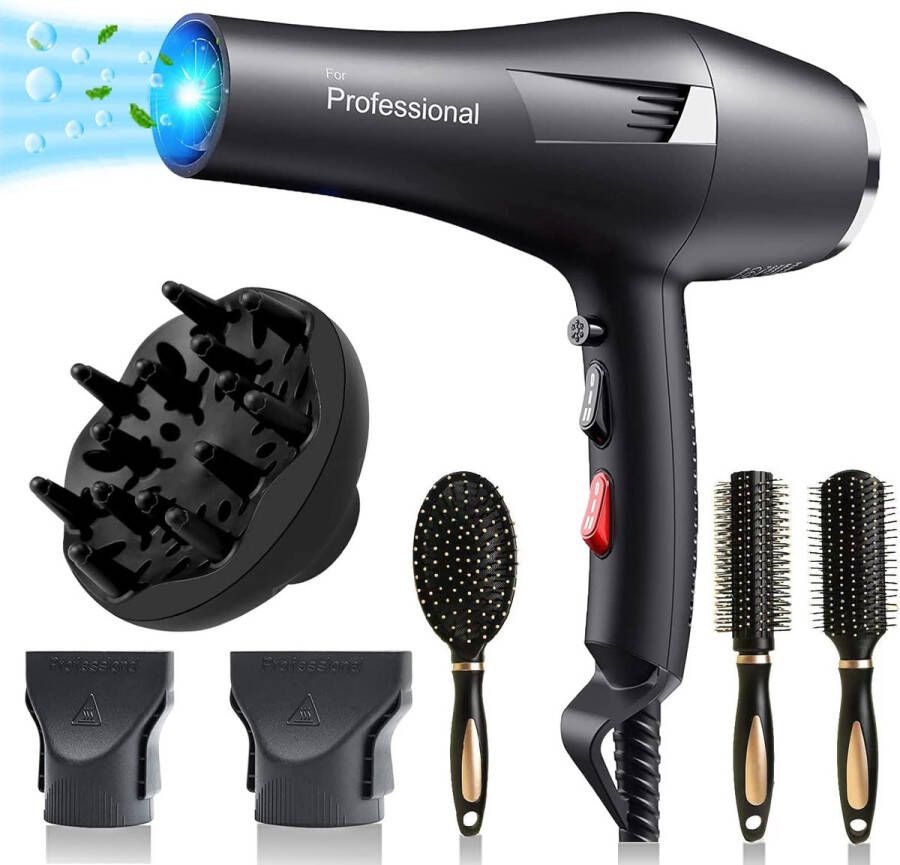 Professionele Föhn met AC Motor Incl. 3 Haarborstel & 2 Mondstukken Haardroger met Diffuser Sneldrogend 2400W