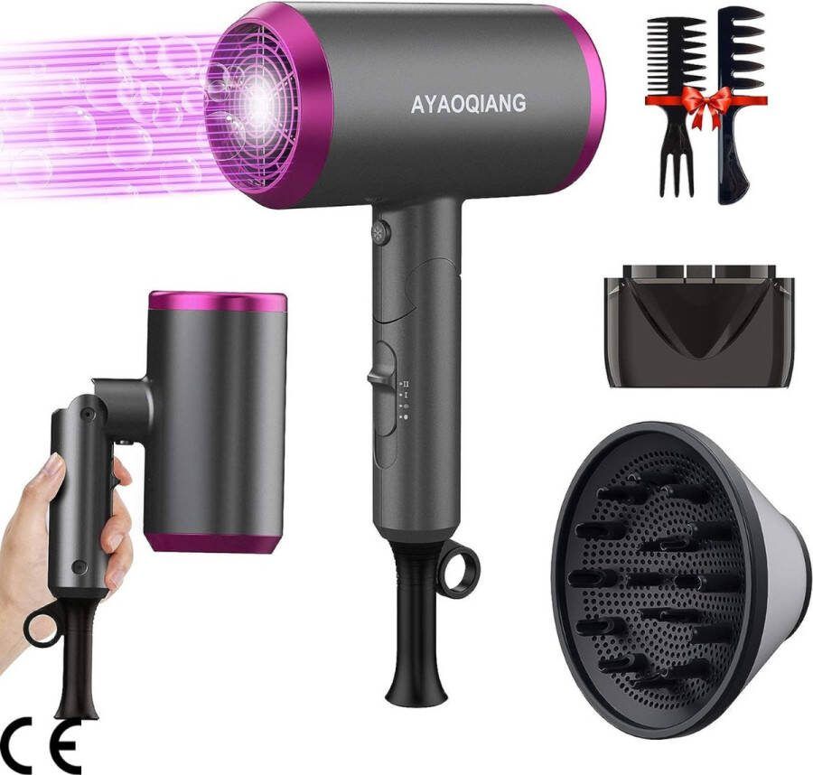 Professionele Föhn voor Thuis en Onderweg Lichtgewicht Laag Geluidsniveau 3 Snelheden Inclusief Diffuser Concentrator en Kammen Geschikt voor Vrouwen en Mannen Ideaal voor Krullend Haar Salonkwaliteit