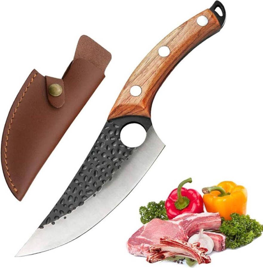 Professionele Hand Gesmeed Mes Universeel Mes Hakmes Slachter Mes Chef-Kok Mes Botverwijdering Mes Keukenmes Houten Handvat met Schede Outdoor Camping(Bruin)