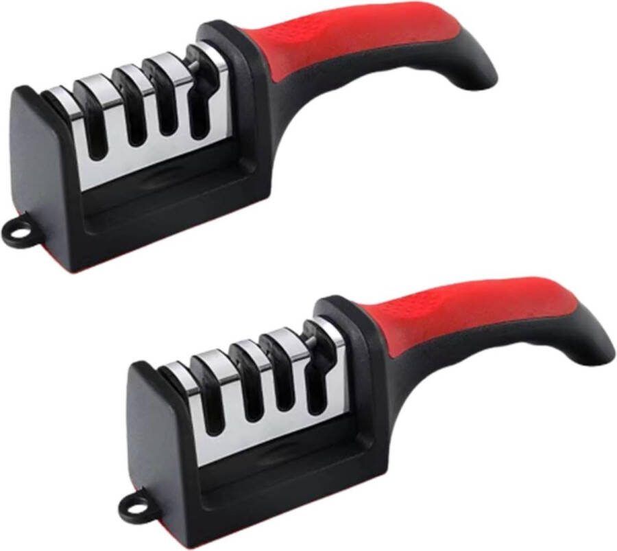 Professionele handmatige messenslijper 2 stuks 4 niveaus upgrade stijl klassieke messenslijper wolfraamstaal voor grof slijpen keramische steen voor fijn slijpen (zwart-rood 2 stuks)