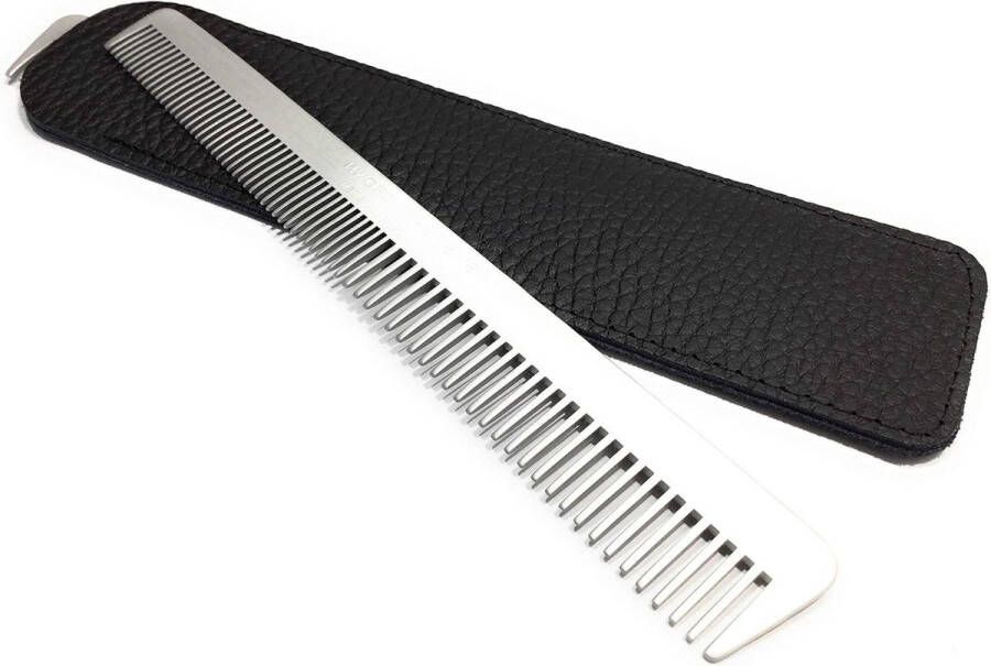 Professionele herenkam met echt lederen etui antistatische aluminium kam 155 cm metalen kam fijne en brede tanding baardkam salon-uitvoering