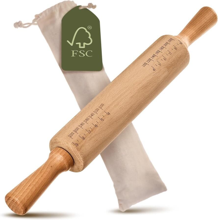 Professionele Houten Deegroller met Meetniveaus Duurzaam FSC-Hout 42 cm met Opbergtas voor gemakkelijk Bakken