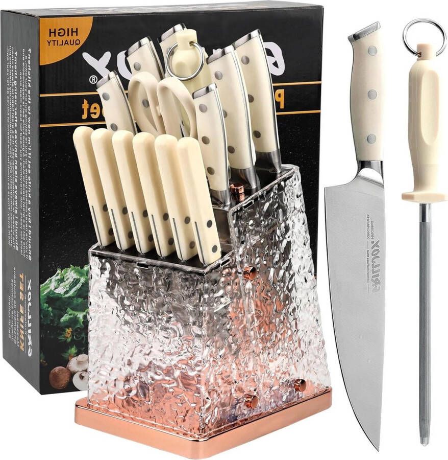 Professionele Keukenmessen Set 15 Stuks in Gouden Acryl Blok Thuiskoken met Hoogkoolstof Staal Scherp en Stijlvol Perfect Keukencadeau