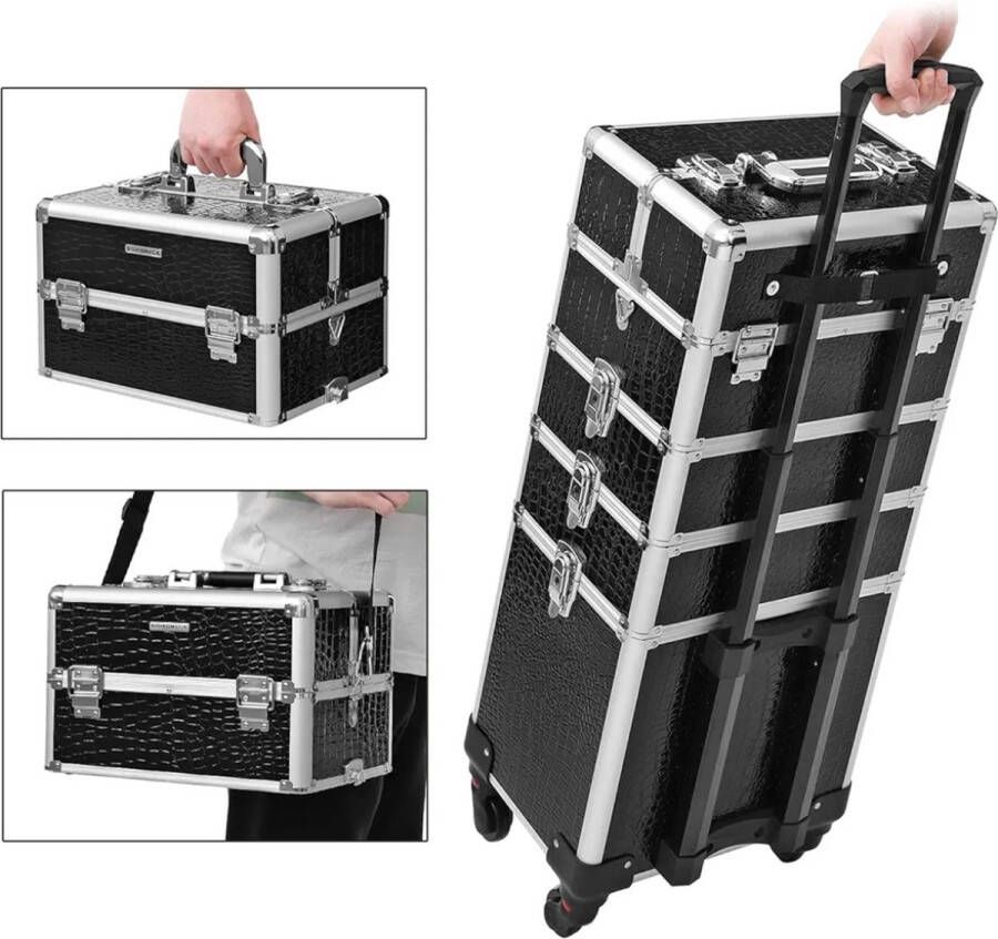 Professionele Make up Kappers Koffer Trolley Aluminium 4 Uittrekbare Compartimenten Laden Uitneembare universele wielen Ideaal voor op reis Prachtig Design Zwart Stenberi