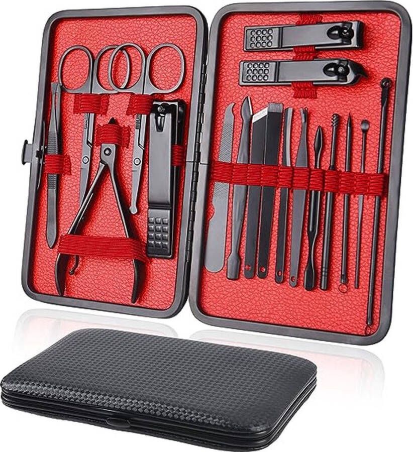 Professionele Manicure Set 18-delig Draagbare Nagelknipper Pedicure Set & Wenkbrauw Verzorgingsset Roestvrij Staal Nagelverzorgingsgereedschap Met Luxe Lederen Etui