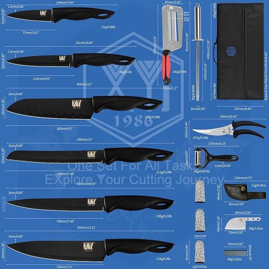 Professionele Mes Sets voor Meester Chefs Snijden Koksmes Met Roll Bag Cover Schaar Honing Staal Culinaire Chef Mes Paring Santoku Brood Slice Mes Roestvrij staal