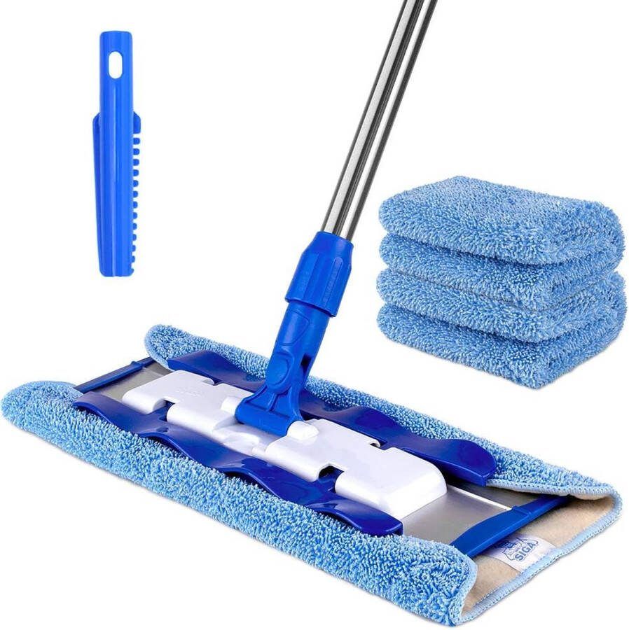 Professionele microvezel-mop vloerwisser reiniging voor hardhout laminaat tegelvloer roestvrijstalen handgreep incl. 3 herbruikbare microvezeldoeken en 1 vuilafscheider