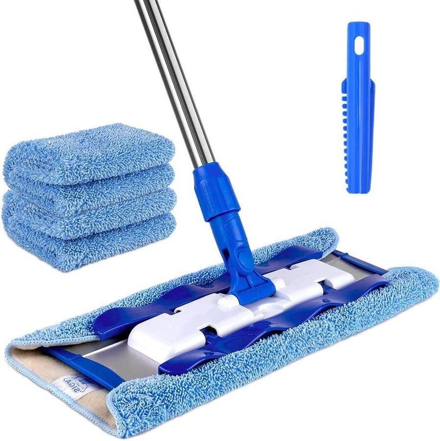 Professionele microvezel-mop vloerwisser voor hardhout laminaat tegelvloer met roestvrijstalen handgreep incl. 3 herbruikbare microvezeldoeken en 1 vuilafscheider