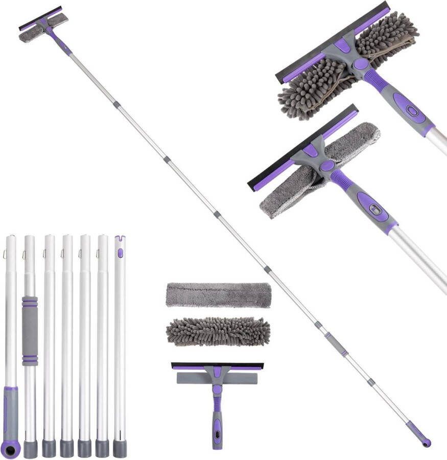Professionele raamwisser set met lange steel en buigbare borstelkop telescopische raamreiniger voor hoge ramen binnen en buiten Telescopische wasborstel