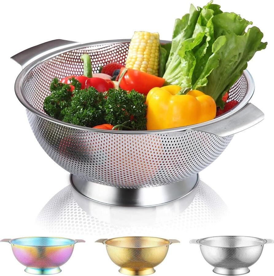 Professionele Roestvrijstalen vergiet 285 cm met zware handgrepen zelfdrainerende massieve ringbasis voor pasta spaghetti bessen groenten fruit noedels salades Vergiet