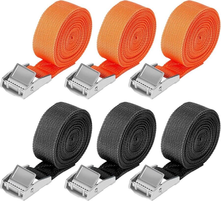 Professionele Spanbanden Set Van 6 – Klauwbanden Met Gesp (1m 2 5m 4m) Max. 250kg Belastbaar Zwart-Oranje Ideaal Voor Motorfietsen Fietsen En Auto's