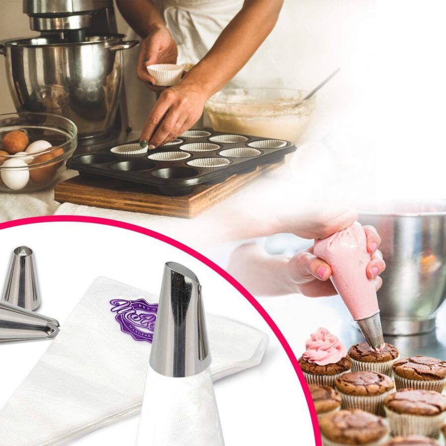 Professionele spuitmonden set van roestvrij staal voor het versieren van taarten en cupcakes 6 roestvrijstalen spuitmonden 1 adapter voor spuitzak 1 siliconen spuitzak 100 spuitzakken groot