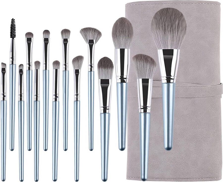 Professionele synthetische make-up borstel set foundation concealer poeder blush oogschaduw wenkbrauw 14 stuks blauw met cosmetische tas