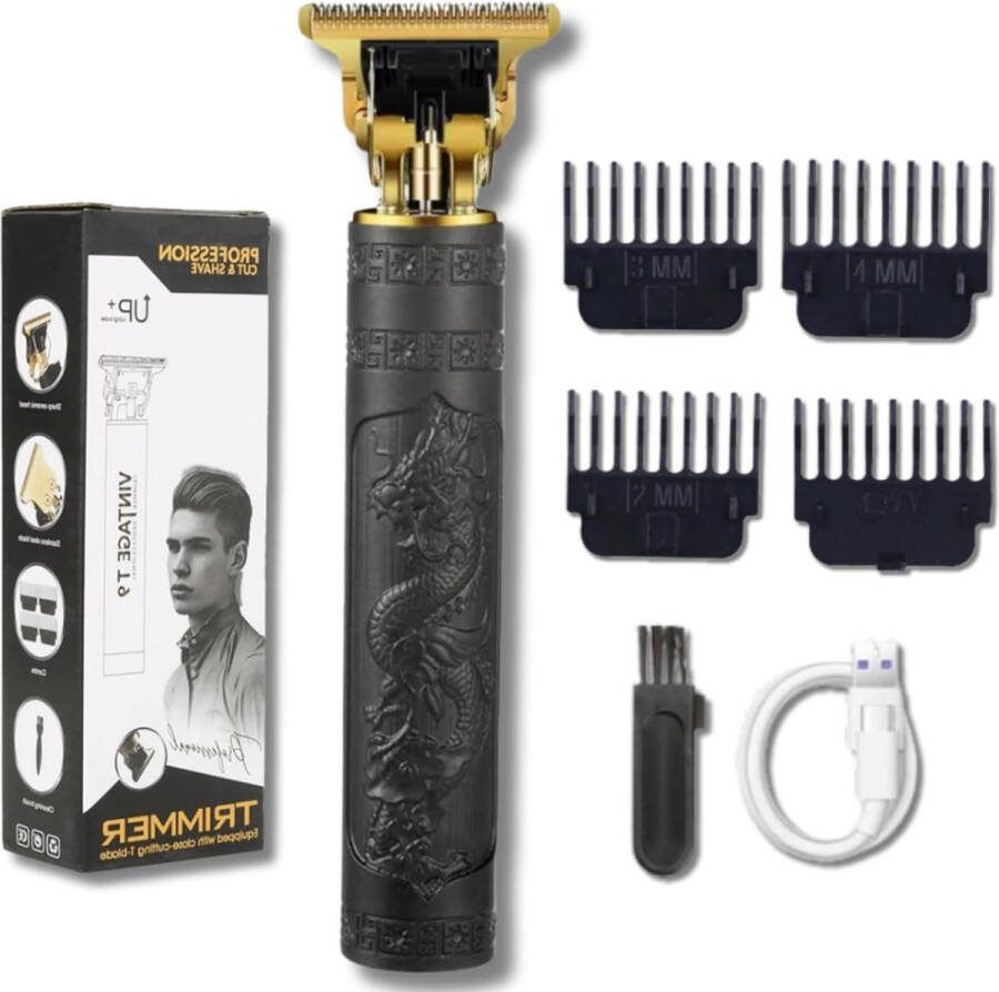 Professionele zwarte tondeuse draadloos voor heren oplaadbaar baardtrimmer met 4 kammen oplaadbaar USB-tondeuse 7 W (Dragon Black)