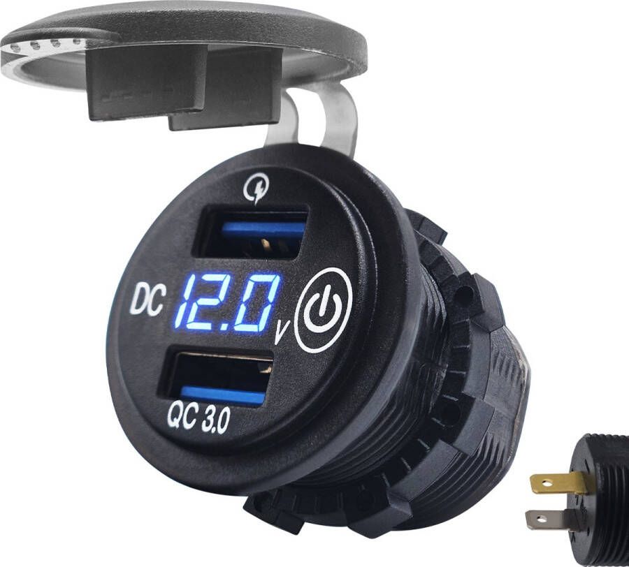 ProRide 12V USB Autolader 2 Poorten met Schakelaar & Voltmeter Inbouw QC3.0 USB Stopcontact Auto Boot en Camper Blauw