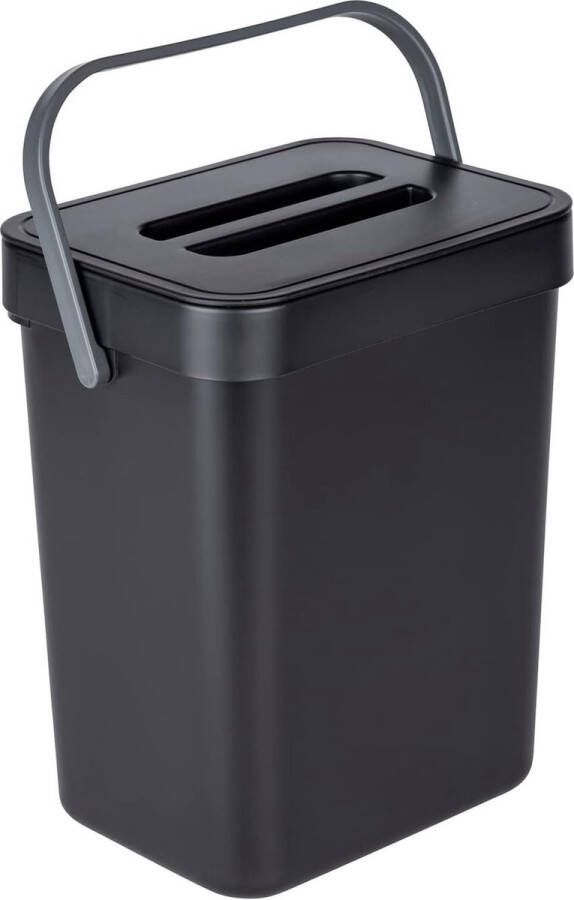 Prullenbak met handgreep Tago afvalbak met inhoud van 5 liter compacte zwarte prullenbak te bevestigen zonder boren incl. deurbevestigingsmogelijkheid