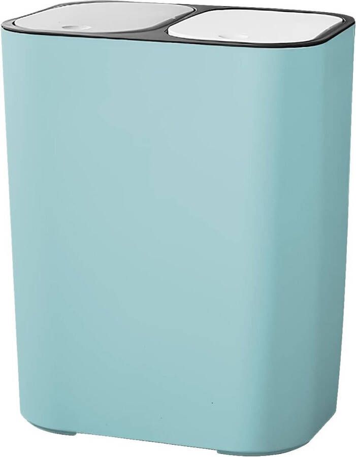 Prullenbak scheiding van droog en nat afval plastic vuilnisbak met twee compartimenten van 12 liter voor keukenrecycling en afval vuilnisbak met drukknop voor keuken huis kantoor (Rbin-blauw)