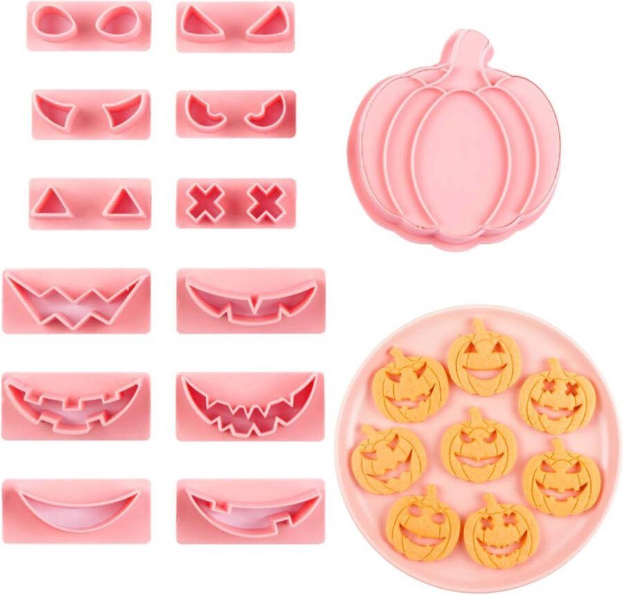 PTaizjjz Halloween Cookie Cutter Set 14 stuks 3D Plastic Drukbare Pompoen Hoofd Halloween Biscuit Cutters Set Reliëf Gestempelde Fondant Cutters voor Halloween Feestbenodigdheden Decoraties